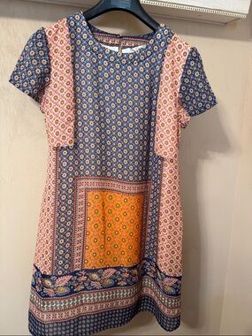 Patchwork Floral Shift Dress in Blue, Pink & Yellow